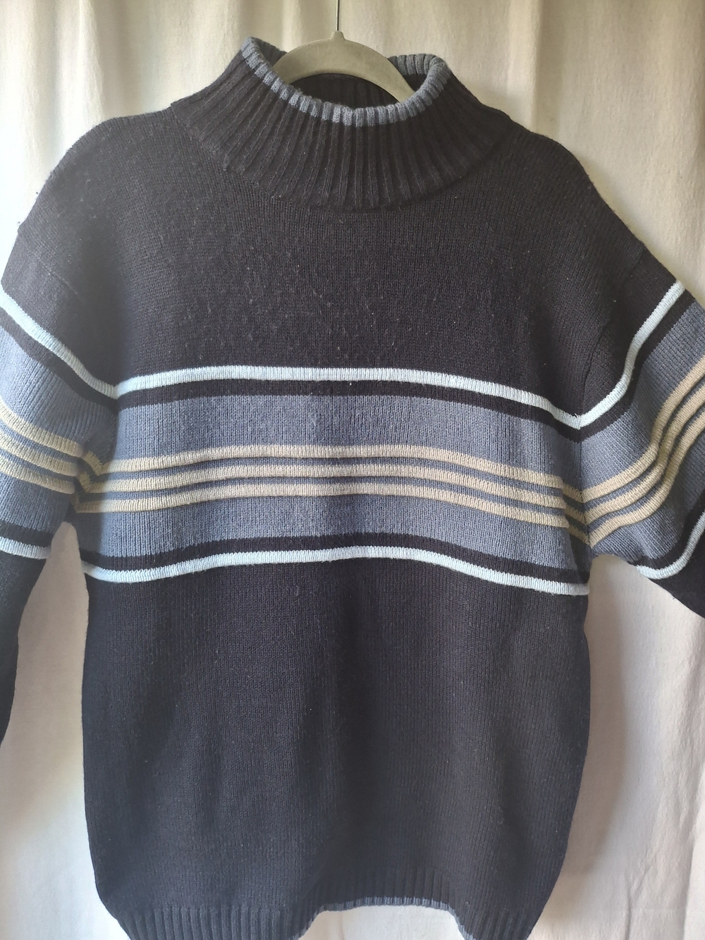South Pole Black Vintage Turtleneck Sweater with Blue and Cream Stripes